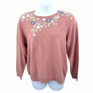 ALFRED DUNNER DUSTY PINK EMBRODERED FLORAL PULLOVER SUPER SOFT SWEATER - L